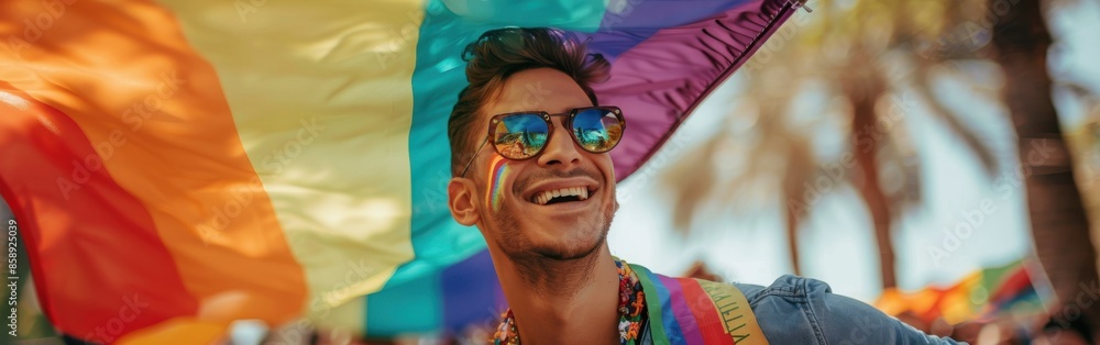 Poster a man is holding a rainbow flag and smiling. concept of joy and celebration, as the man is dressed i
