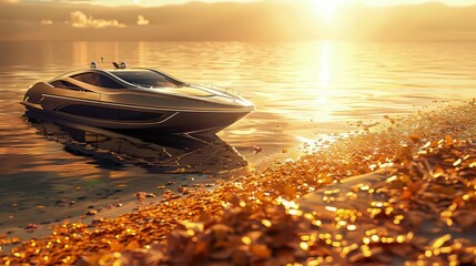 A sleek modern speedboat on an autumn beach, the ground covered with golden leaves, contrasting with the sleek metal and glass of the boat under a setting sun.