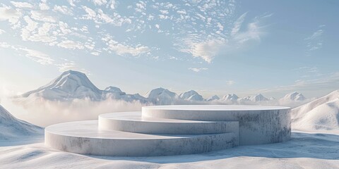 Minimalist Winter Mountain Landscape with Concrete Platform