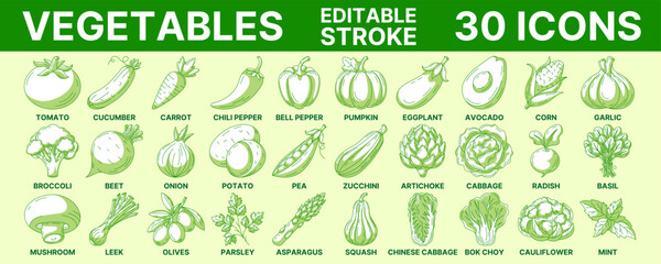 Vegetables and greens, vector minimal line icon set. Editable stroke. Vegetable icon set. Outline icons collection of veggies. Concept of farming, vegetarian food, proper nutrition, harvesting