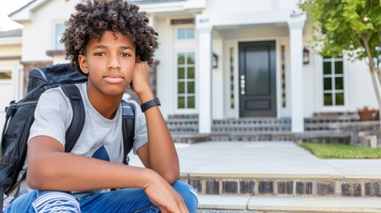 Fototapeta premium Boy sitting on porch steps, leaning head on hand, in front of residential building