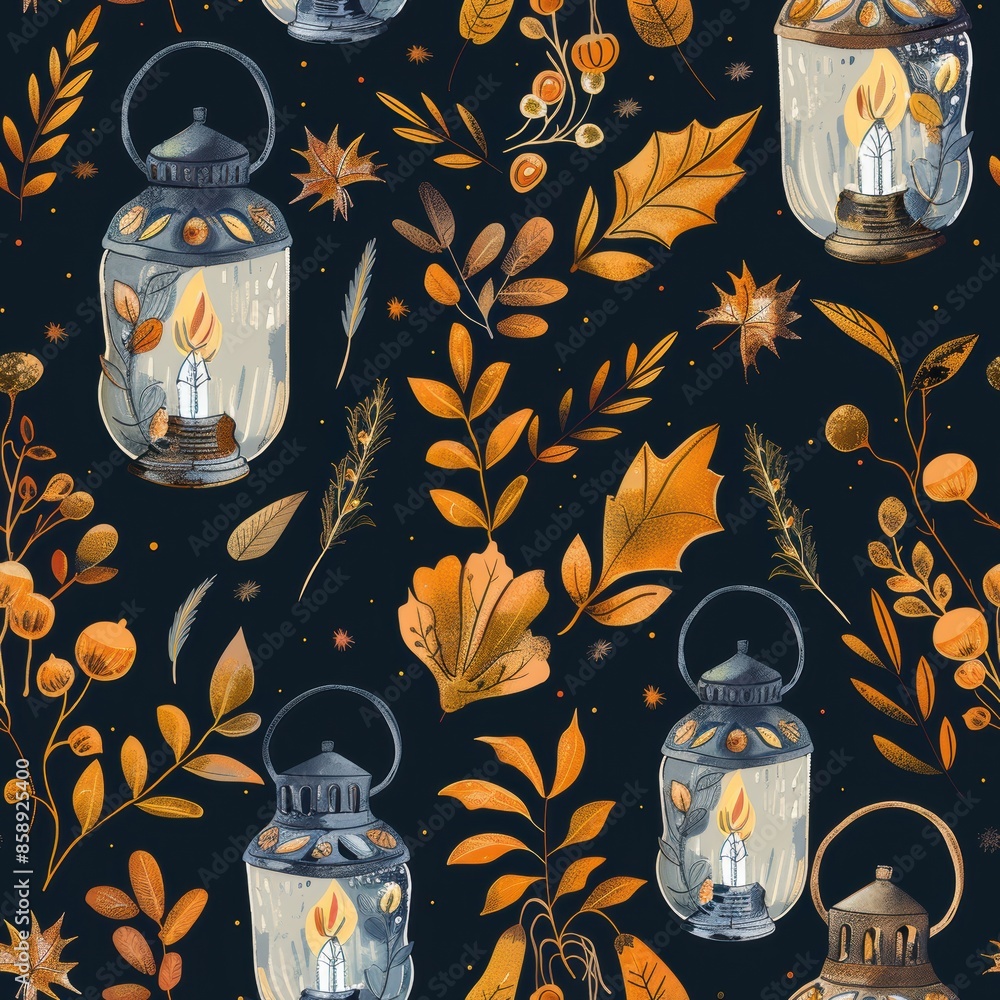 Leinwandbilder this image features a repeating pattern of vintage lanterns with lit candles inside, surrounded by a