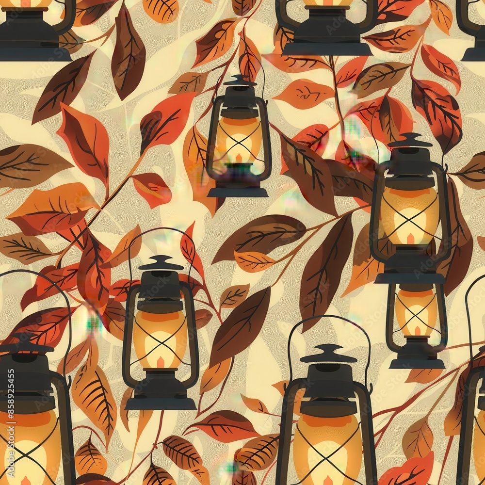 Poster this digital illustration features a seamless pattern of lanterns hanging among vibrant autumn leave