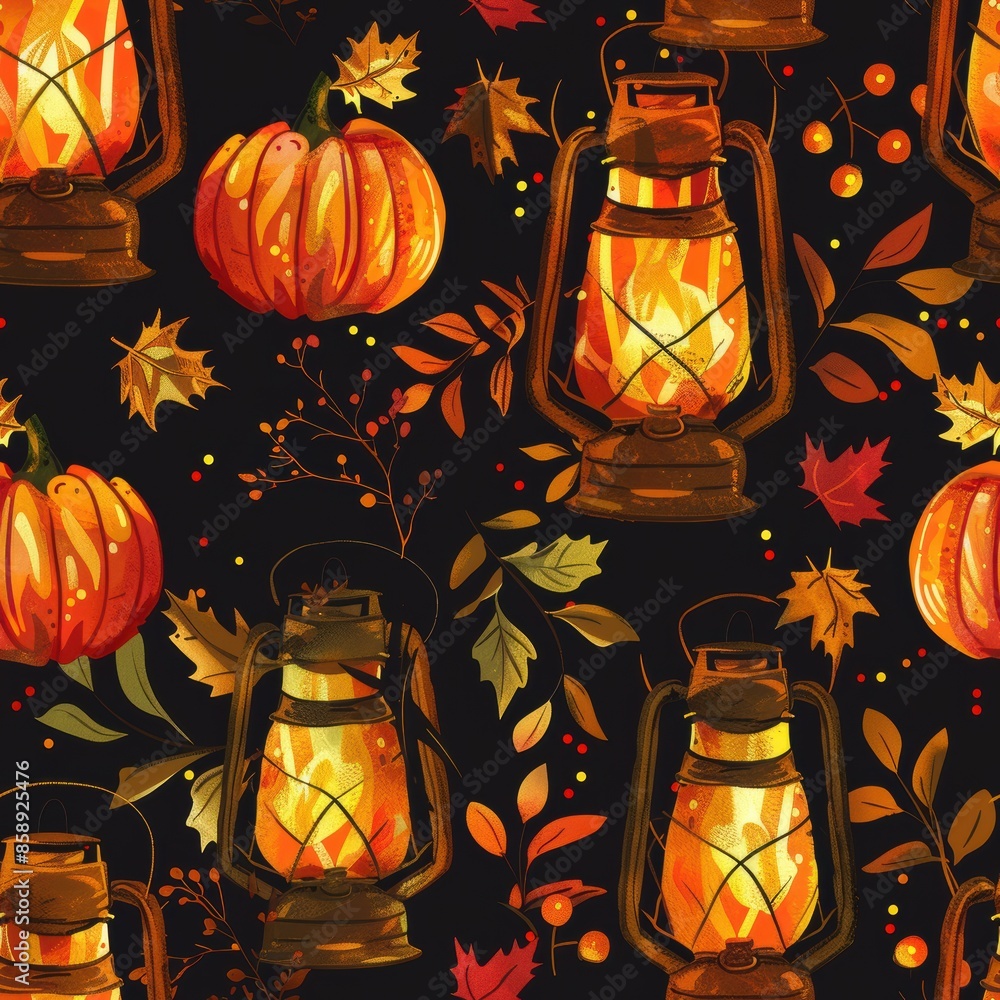 Aufkleber a seamless pattern featuring glowing lanterns and ripe pumpkins set against a dark background with f