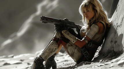 A female warrior in futuristic armor sits with her weapon resting on her lap, taking a brief moment of respite in a barren landscape