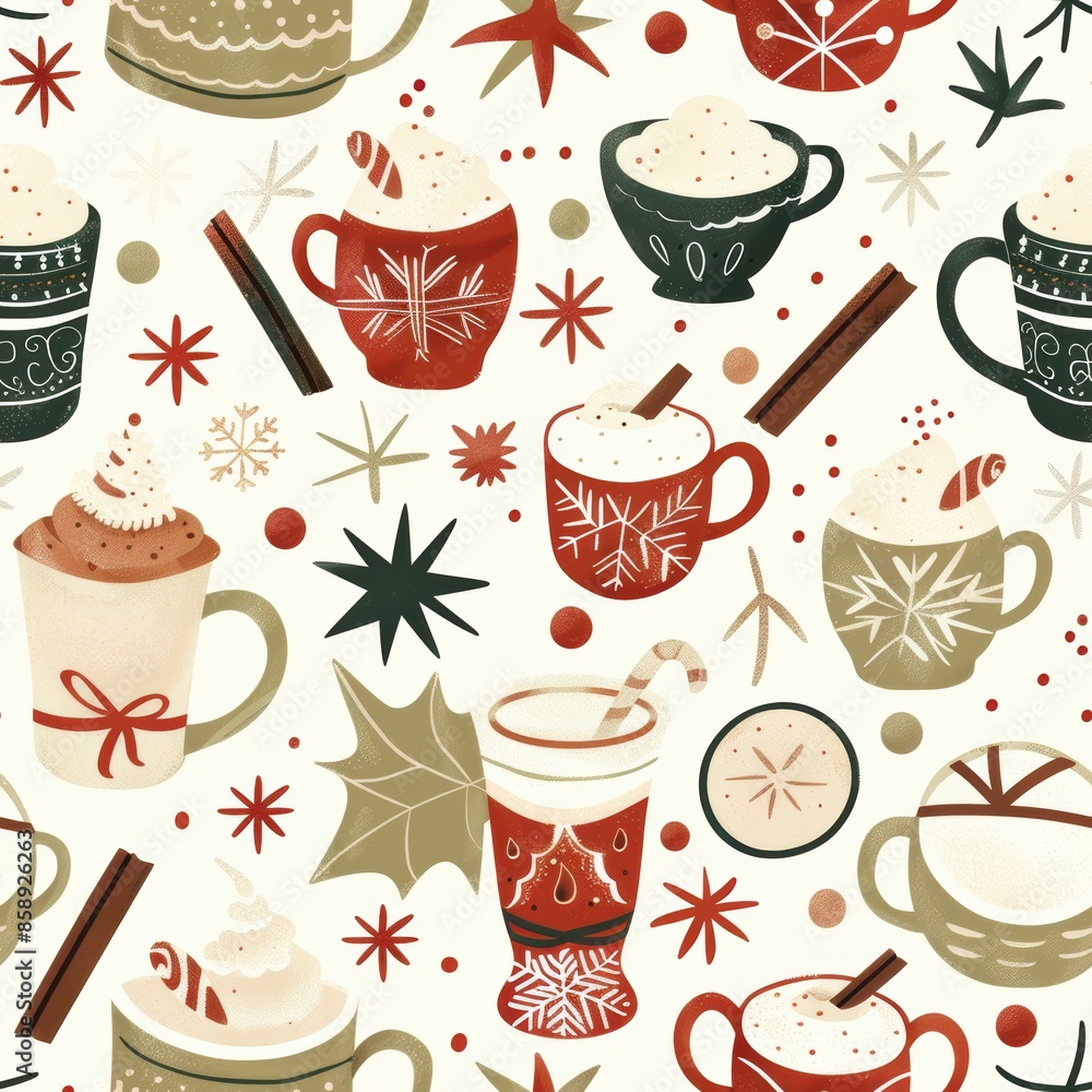 Poster a seamless pattern featuring various mugs filled with warm winter beverages like hot chocolate and c