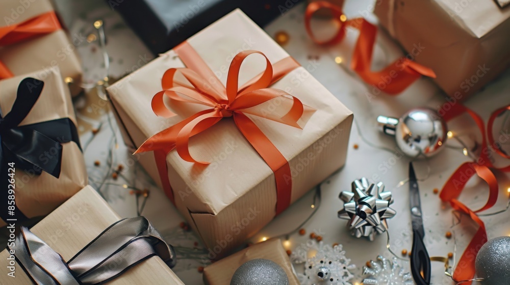 Poster a close-up image of a wrapped gift box with an orange ribbon bow on a white table. the box is surrou