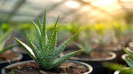 A photo of Aloe vera plants in pots growing inside greenhouses, showcasing their natural beauty and health benefits. The focus is on the lush leaves with white patterns, symbolizing hair growth and