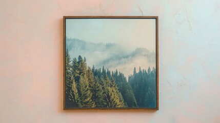 A square frame showcasing a misty mountain landscape with evergreens, hung on a light pastel wall in a boutique, adding depth and natural beauty to the product display.