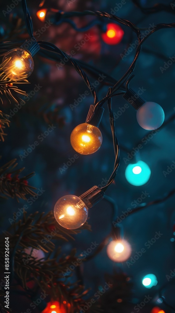 Poster A string of warm white globe lights hangs from a branch against a dark blue background. The lights are glowing brightly, creating a warm and inviting atmosphere. The background is blurry, suggesting t