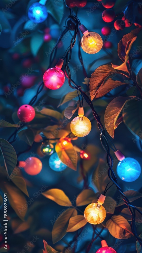 Aufkleber A close-up view of a string of colorful lights hanging from a tree branch, with the lights illuminating the surrounding leaves. The lights are a mix of red, blue, yellow, and pink, creating a festive 