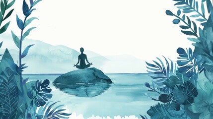 Watercolor meditation. Serene watercolor illustration of a person meditating on a rock in tranquil blue water, surrounded by lush foliage, perfect for wellness and mindfulness themes.