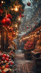 Obraz premium A festive street in a European city is illuminated with twinkling Christmas lights and decorated with red ornaments. The cobblestone street leads through a market with wooden stalls and vendors sellin
