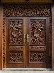Traditional Wooden Doors with Ornate Geometric and Floral Carvings