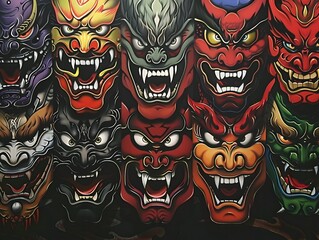 Naklejka premium Fearsome Masquerade:A Collection of Menacing Mask-Inspired Creature Designs