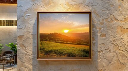 Obraz premium A square painting frame on a textured beige wall in a high-end furniture showroom, depicting a sunset over a peaceful countryside landscape, enhancing the aesthetic appeal of the room setting.