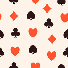 Poker card Suits. Spades, Hearts, Diamonds and Clubs. Hand drawn Vector illustration. Tournament, game, casino, poker, gambling, game, fun concept. Square seamless Pattern. Background, wallpaper