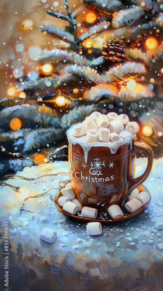 Poster a close-up shot of a mug filled with hot chocolate and topped with fluffy marshmallows. the mug is s