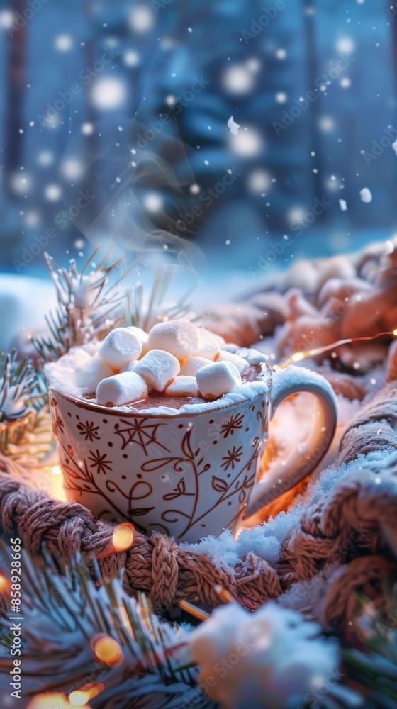 Poster a steaming mug of hot chocolate topped with marshmallows sits on a bed of snow, surrounded by a cozy