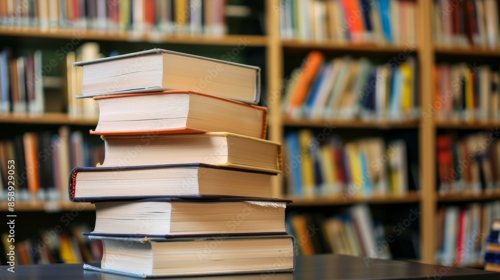Poster stack of books in a library setting
