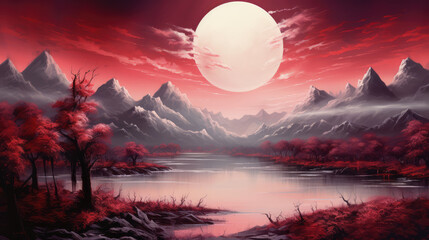 Red fantasy outland landscape with two full moons, mountains and a lake painting illustration, Generative AI