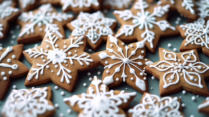 Christmas food bakery bake baking photography background - Closeup of many gingerbread cookies, with white icing decoration on table with snow, Generative AI