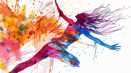 Naklejka premium Colorful freedom. Abstract image of a woman joyfully leaping amidst vibrant watercolor splashes, conveying freedom, energy, and artistic expression.