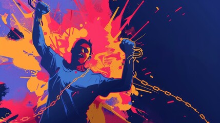Breaking free. Colorful illustration of a man breaking free from chains, symbolizing freedom, liberation, and overcoming challenges.
