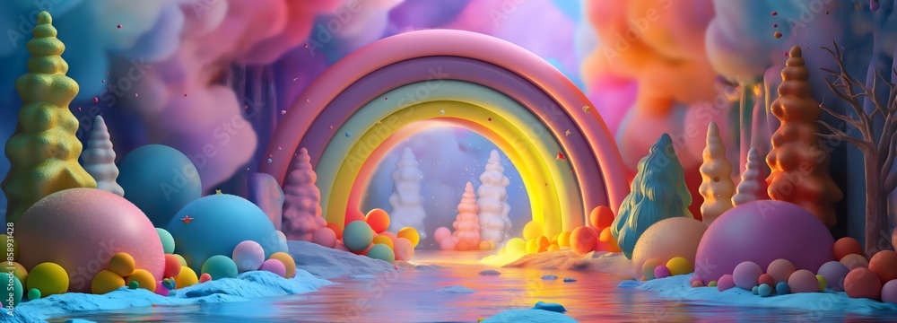 Poster 1. craft a whimsical 3d scene portraying a magical journey through an enchanting rainbow splash on a