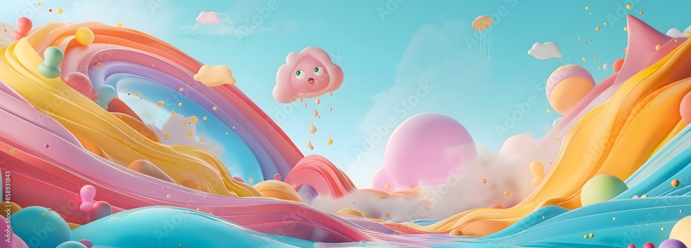Poster 3. design an enchanting 3d illustration capturing a whimsical journey through a vibrant rainbow spla
