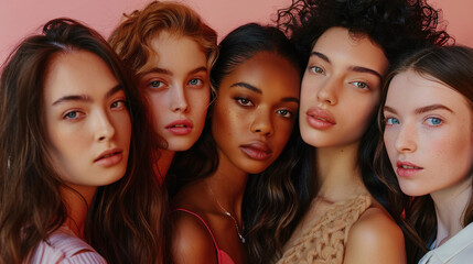 Obraz premium Portrait of many attractive female fashion models with great skincare of all races, tones and style. Diverse group of beautiful women with natural beauty and glowing smooth skin. 