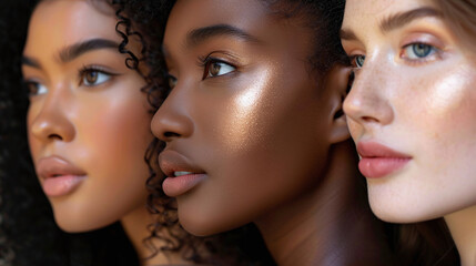 Obraz premium Portrait of side shoot of many attractive female fashion models with great skincare of all races, tones and style. Diverse group of beautiful women with natural beauty and glowing smooth skin. 