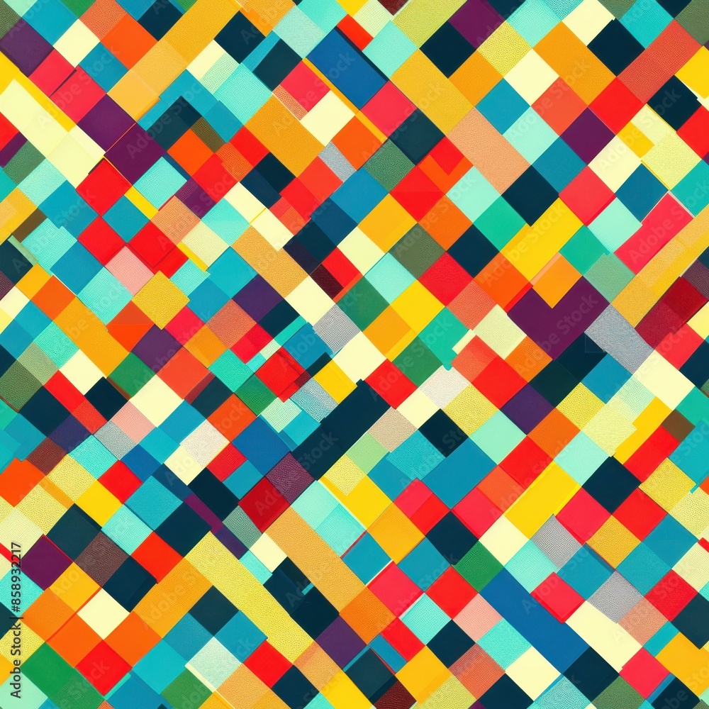 Poster This image features an abstract pattern composed of colorful squares arranged in a diagonal grid. The squares are of varying sizes and colors, creating a dynamic and visually engaging composition. The