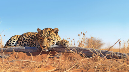 Wildlife safari landscape, african jaguars animals africa banner panorama long - Lying jaguar in a park in namibia, Generative AI