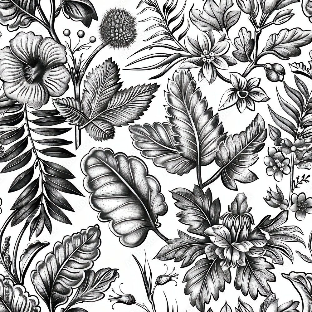 Poster this image features a seamless pattern of black and white floral designs. the pattern showcases deta