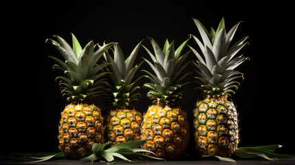 Dark food fruits photography background - Group of pineapples ananas on black table, Generative AI
