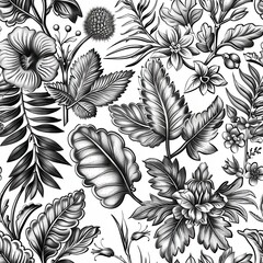 This image features a seamless pattern of black and white floral designs. The pattern showcases detailed leaves, stems, and flowers, creating a beautiful and intricate design. The use of black and whi