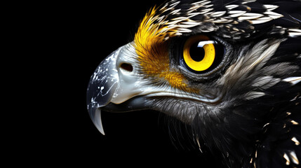 Naklejka premium Animals birds banner - Closeup of abstract black gold yellow parrot, isolated on black background, Generative AI