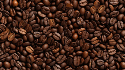 Naklejka premium Creative coffee banner panorama wallpaper, seamless pattern texture - Top view of brown roasted coffee beans, top view, Generative AI