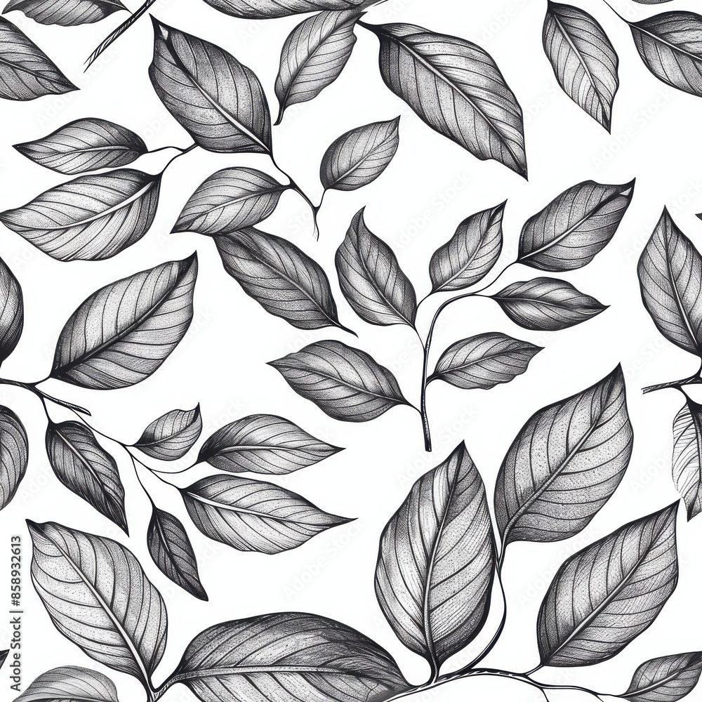 Poster a black and white pencil drawing of a branch of leaves on a white background. the drawing is very de
