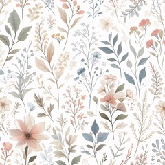  Hand-drawn Floral Seamless Pattern on White Background