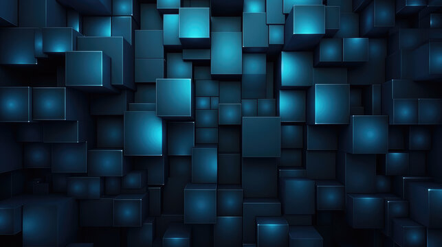 Abstract dark geometric blue 3d texture wall with squares and rectangles background banner illustration, textured wallpaper, Generative AI