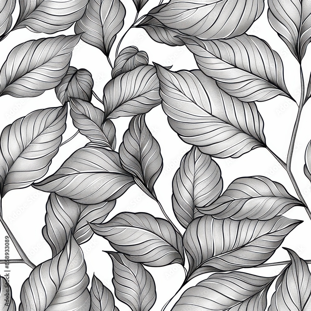 Poster A black and white illustration of a detailed leaf pattern on a white background. The leaves are drawn with intricate detail and arranged in a repeating pattern.