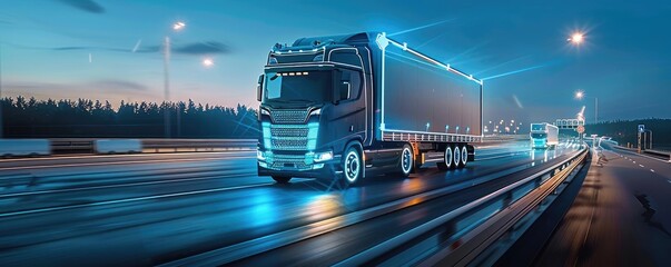 Driverless truck with advanced safety sensors navigating highway, futuristic, digital art, blue tones, high-tech logistics, secure transportation