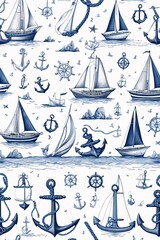 Seamless Nautical Pattern on White Background
