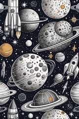 Seamless Space Pattern on White Background