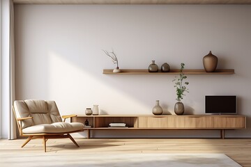 Interior of modern living room with wooden commode and vase