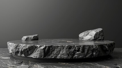 Black stone podium, 3D dark platform with rock texture background, abstract geometric stage, studio scene for minimal marble showcase and product display