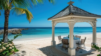 Fototapeta premium A beach scene with a gazebo and a table with chairs. The gazebo is white and has a roof. The beach is calm and peaceful, with the ocean in the background