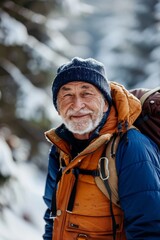 Fototapeta premium Senior Man Hiking in Winter Mountains